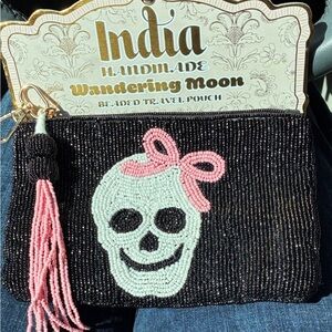 Wandering Moon Black Beaded Cosmetic Bag/Beaded Pouch with Girl Skull 💀 🎀